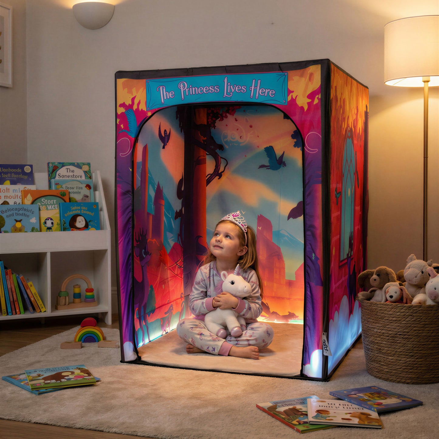 Magical Princess Palace PODSgo pop up play tent in a living room, view 3