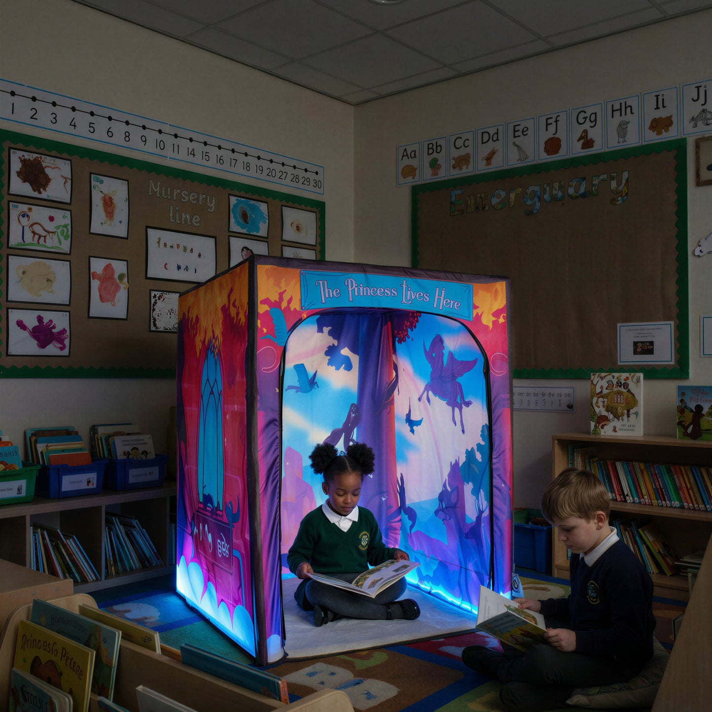 Magical Princess Palace PODSgo pop up play tent in a school classroom, view 2