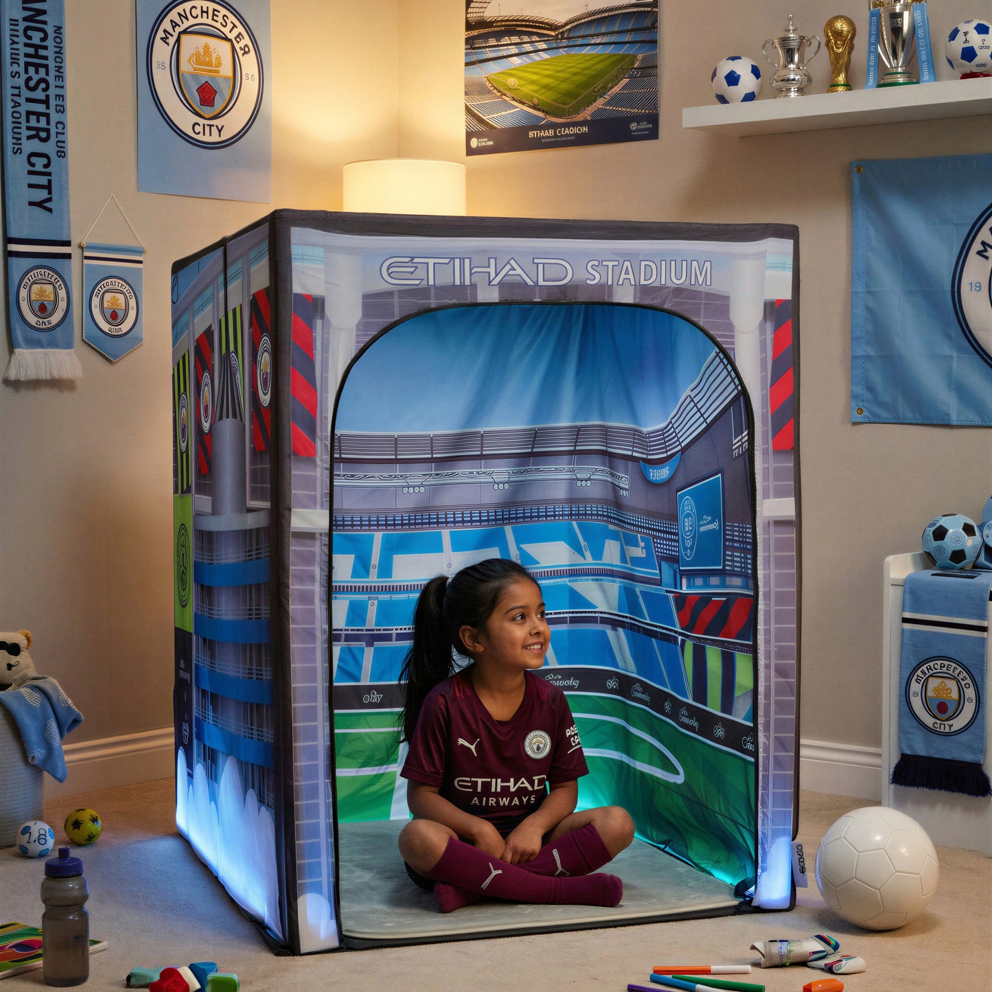 Manchester City PODSgo pop up play tent in a child bedroom, view 2