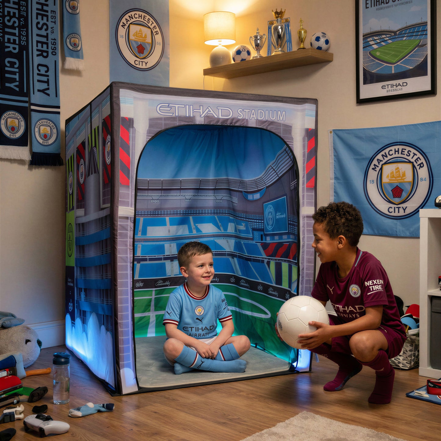 Manchester City PODSgo pop up play tent in a child bedroom, view 5