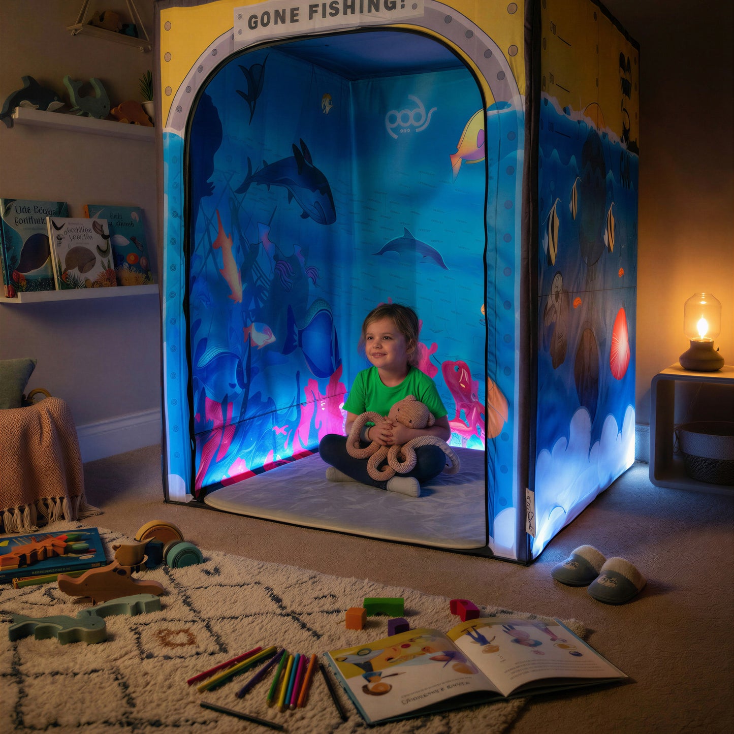 Sub Aqua Quest PODSgo pop up play tent in a child bedroom, view 1