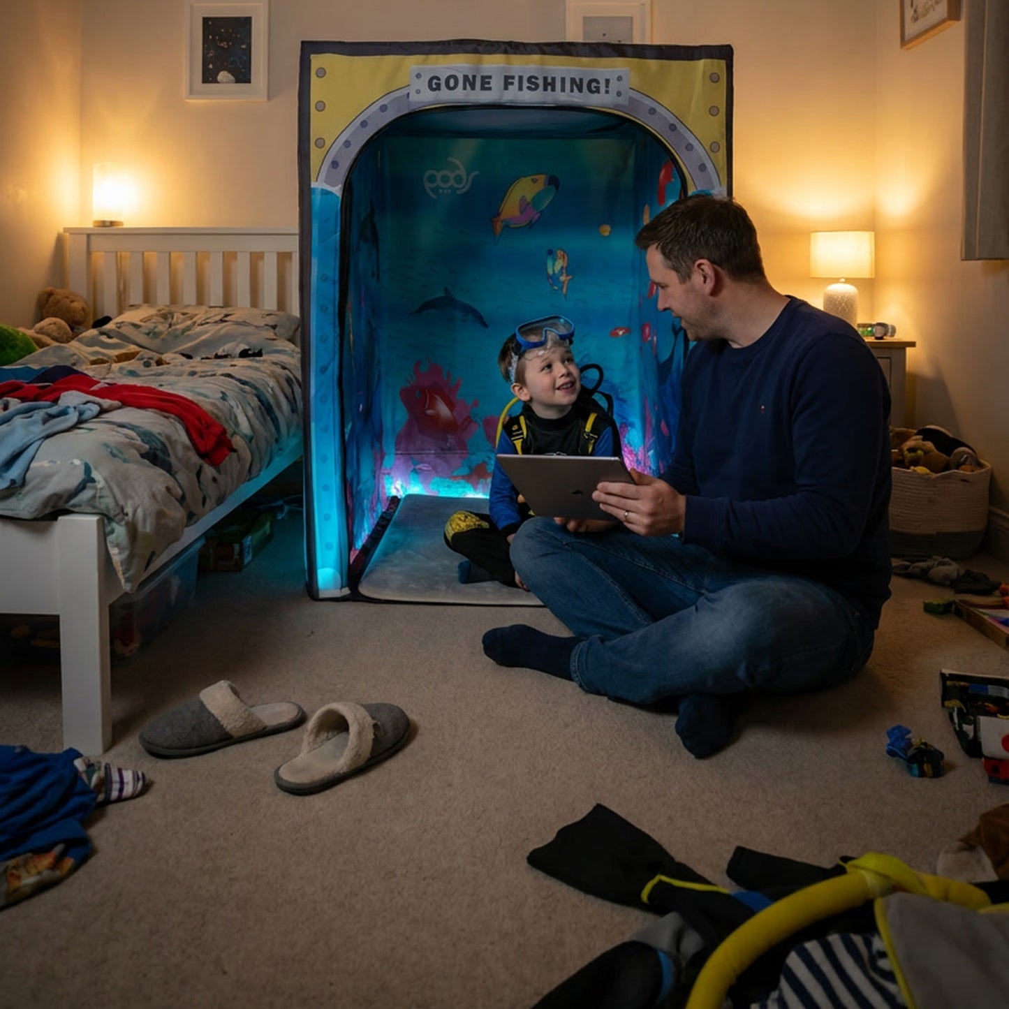 Sub Aqua Quest PODSgo pop up play tent in a child bedroom, view 2