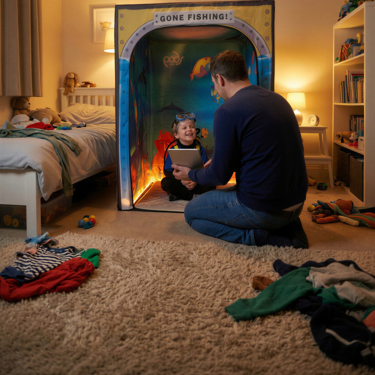 Sub Aqua Quest PODSgo pop up play tent in a child bedroom, view 3