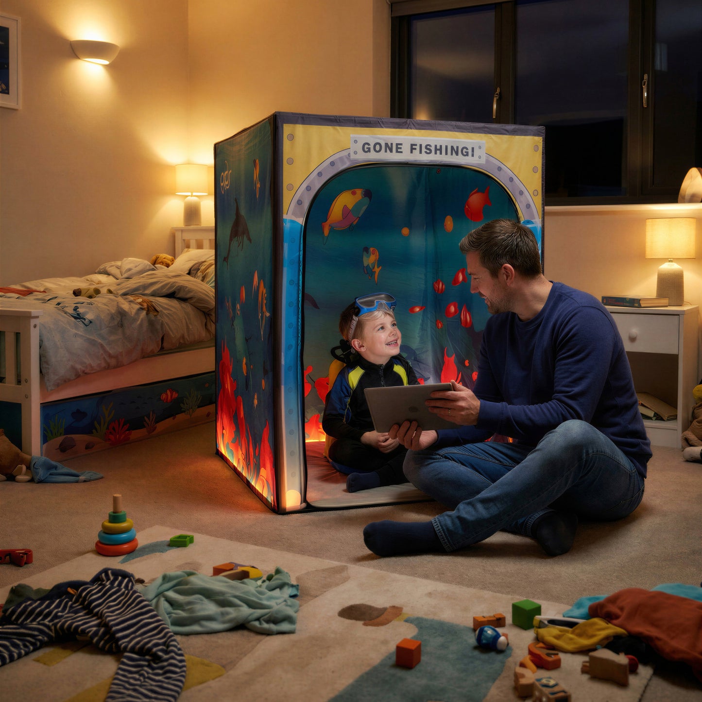 Sub Aqua Quest PODSgo pop up play tent in a child bedroom, view 4