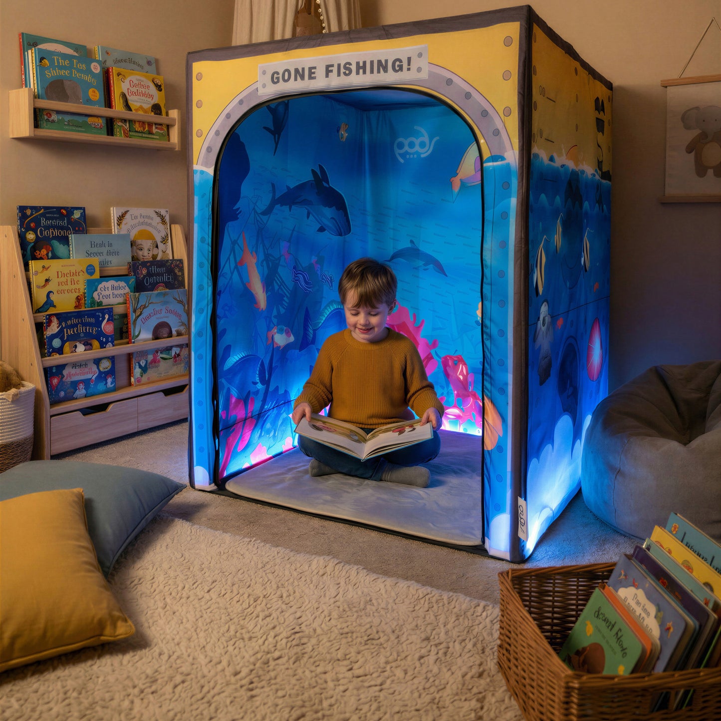 Sub Aqua Quest PODSgo pop up play tent in a child bedroom, view 5