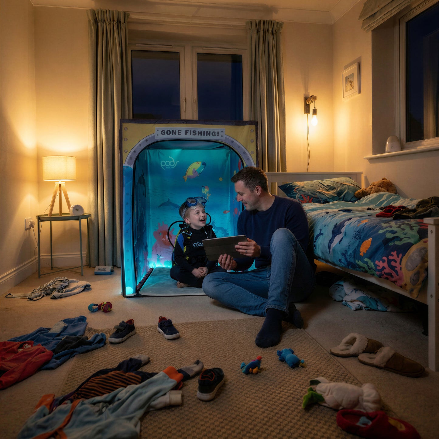 Sub Aqua Quest PODSgo pop up play tent in a child bedroom, view 7