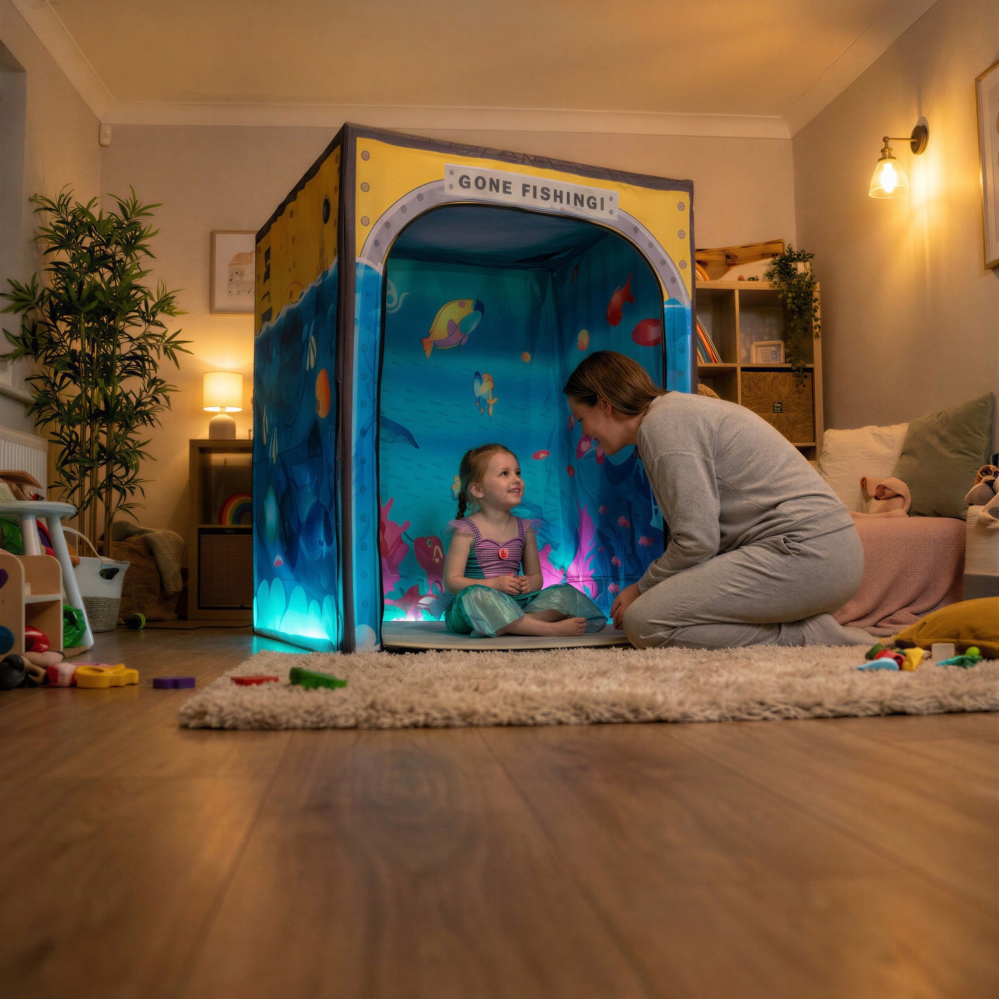 Sub Aqua Quest PODSgo pop up play tent in a living room, view 1