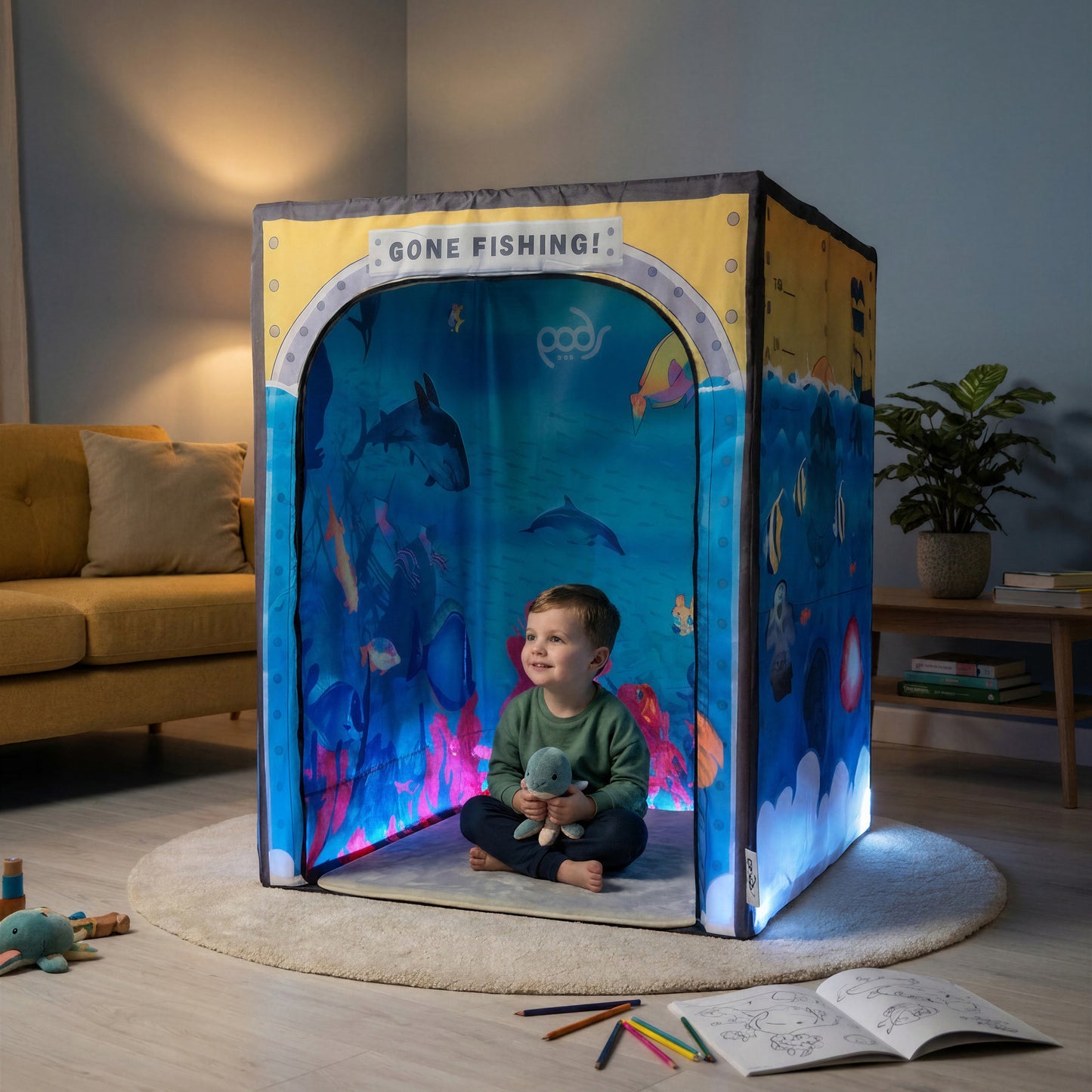 Sub Aqua Quest PODSgo pop up play tent in a living room, view 2