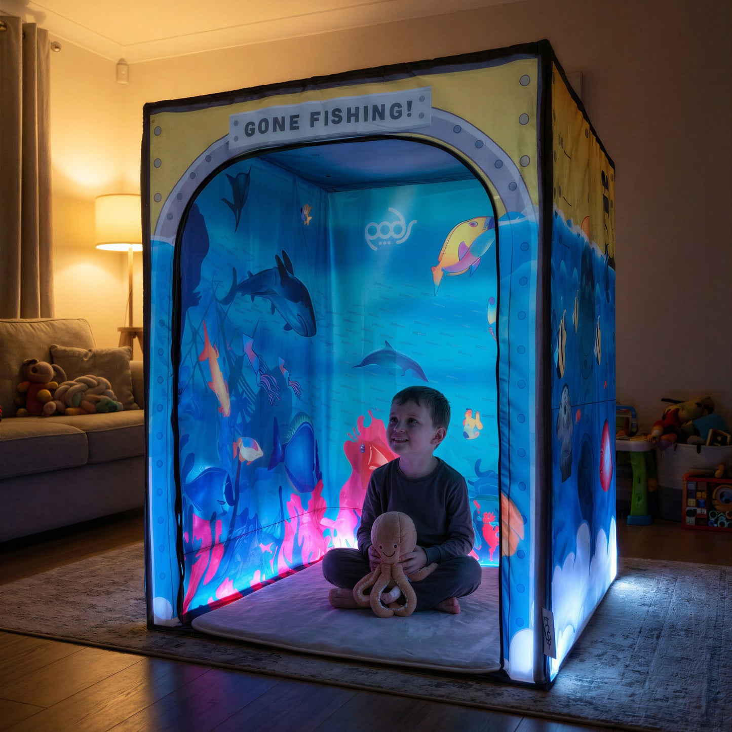 Sub Aqua Quest PODSgo pop up play tent in a living room, view 3