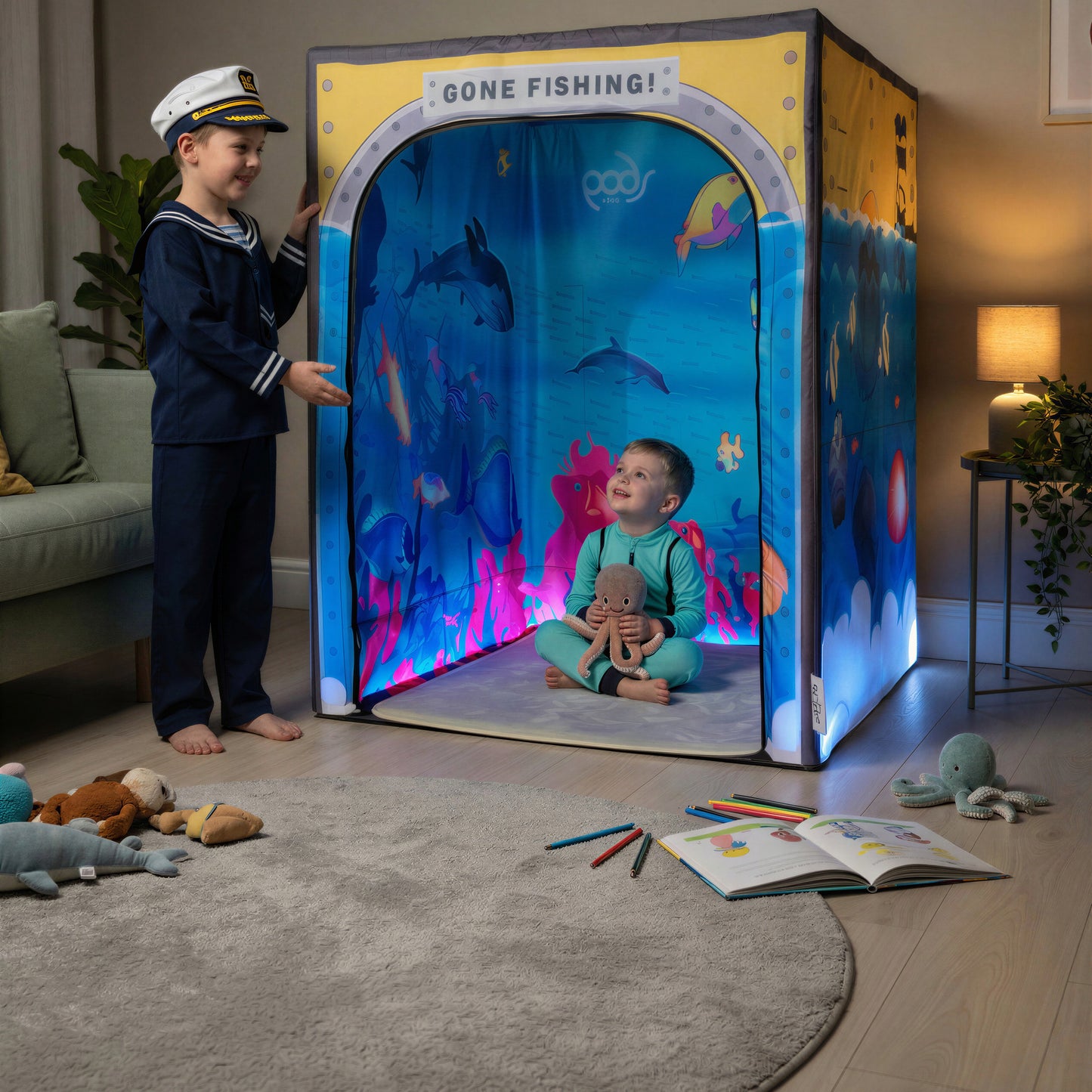 Sub Aqua Quest PODSgo pop up play tent in a living room, view 4