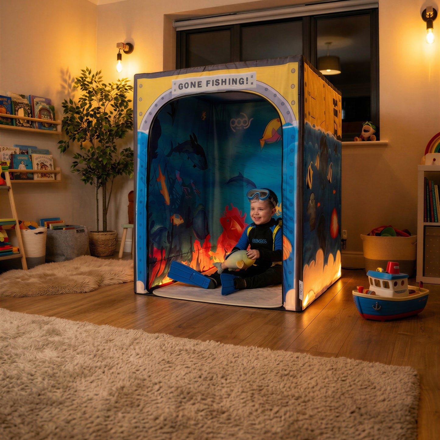 Sub Aqua Quest PODSgo pop up play tent in a living room, view 6