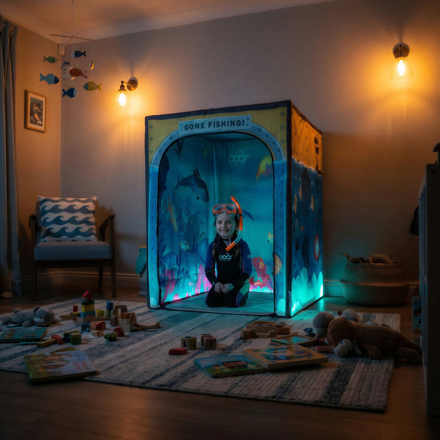Sub Aqua Quest PODSgo pop up play tent in a playroom, view 2