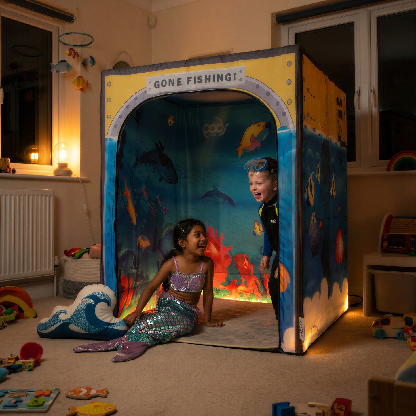 Sub Aqua Quest PODSgo pop up play tent in a playroom, view 3