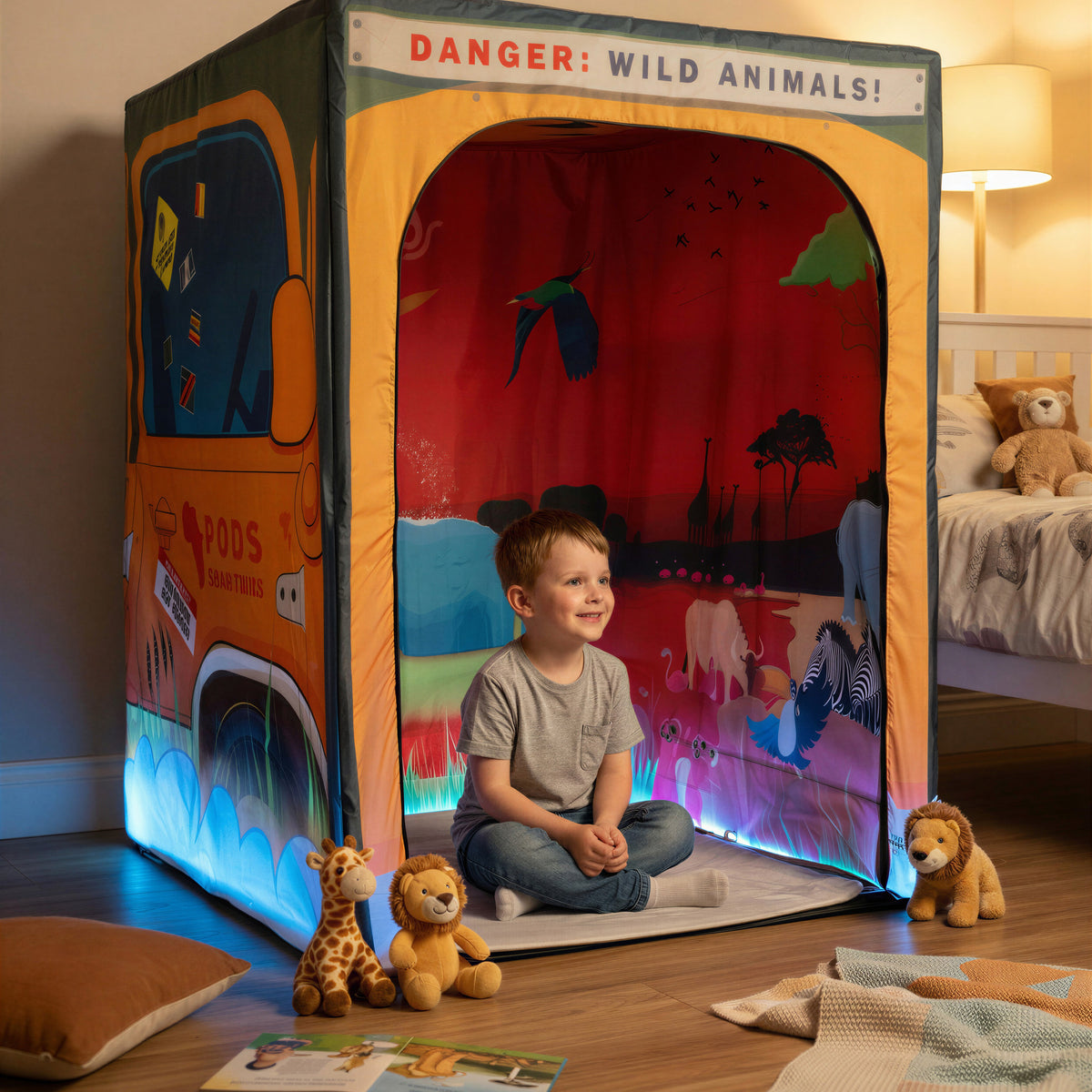 Sunset Savanna Safari PODSgo pop up play tent in a child bedroom, view 3