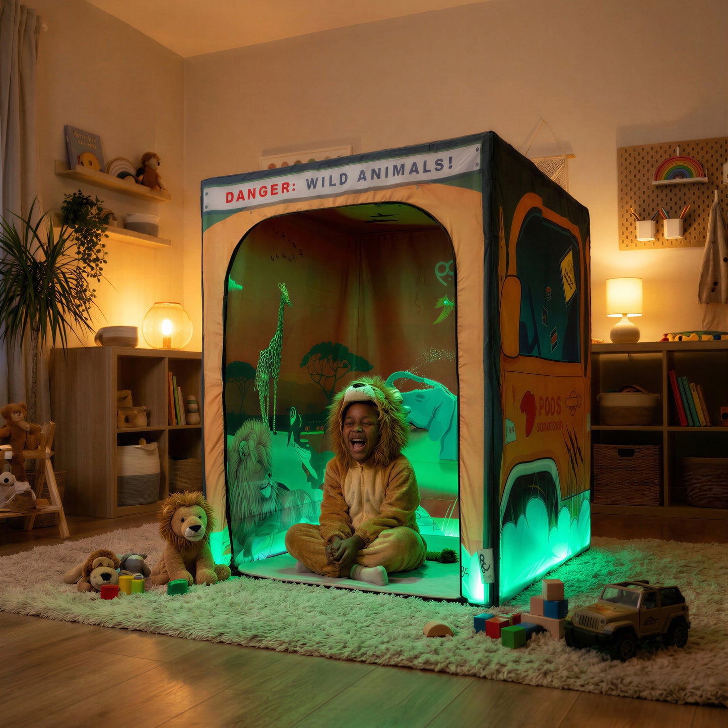 Sunset Savanna Safari PODSgo pop up play tent in a living room, view 1