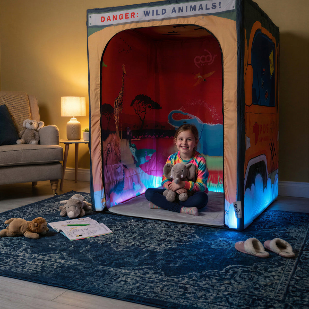 Sunset Savanna Safari PODSgo pop up play tent in a living room, view 2