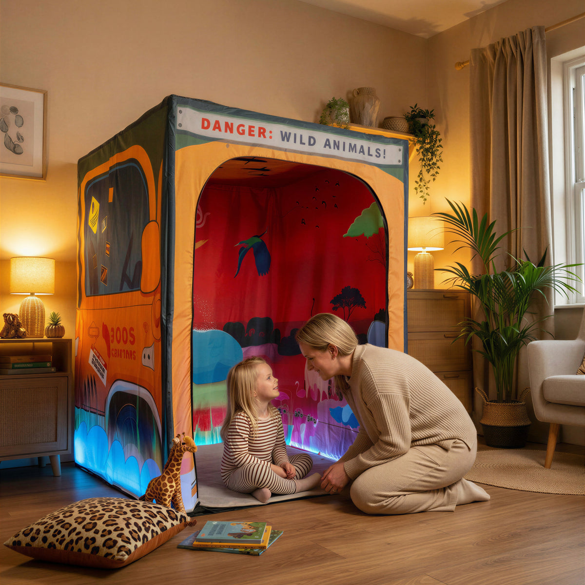 Sunset Savanna Safari PODSgo pop up play tent in a living room, view 3