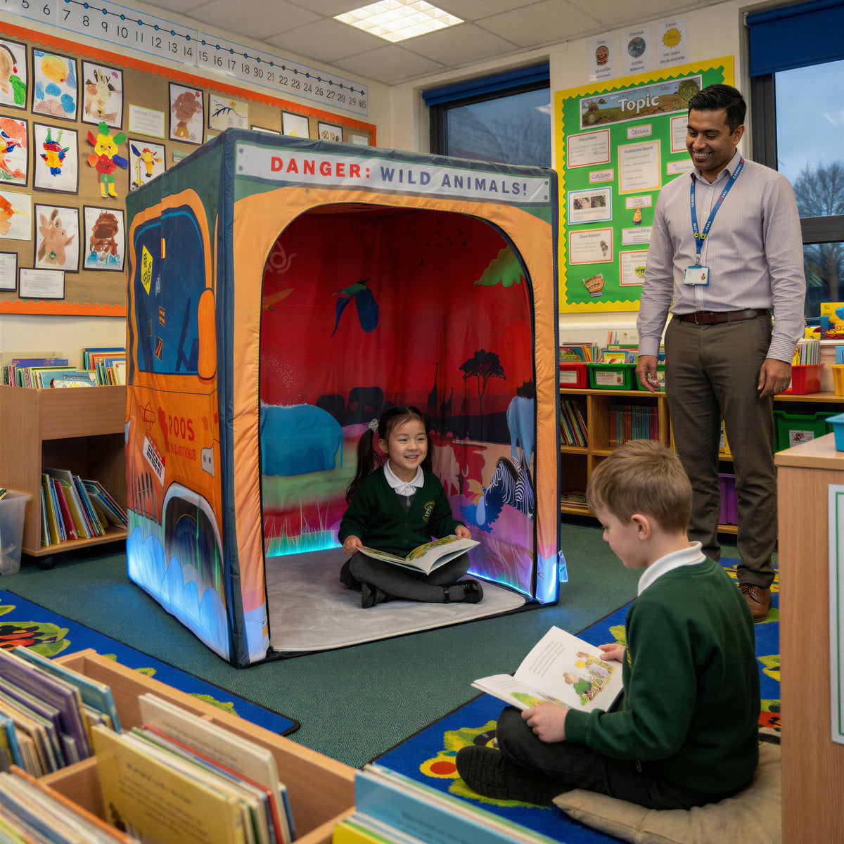 Sunset Savanna Safari PODSgo pop up play tent in a school classroom, view 2