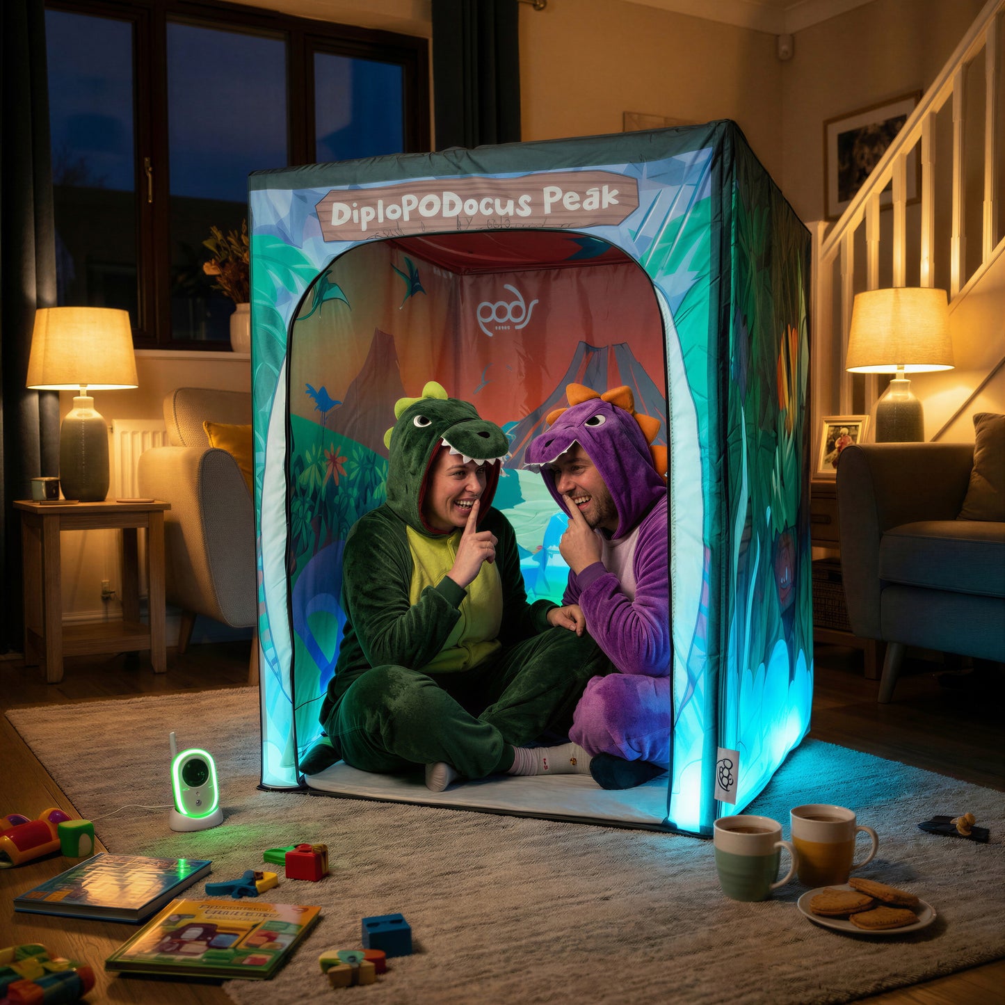 Walking With Dinosaurs PODSgo pop up play tent in a living room, view 2