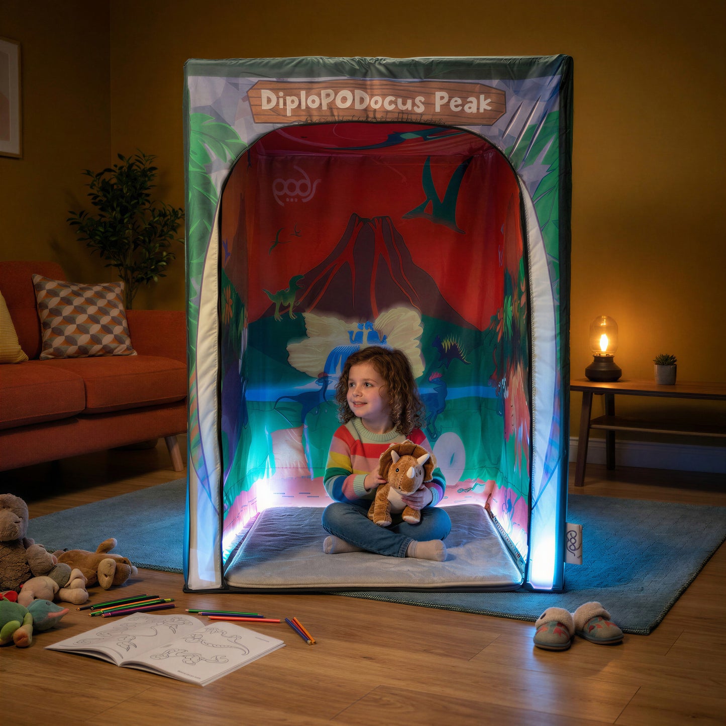 Walking With Dinosaurs PODSgo pop up play tent in a living room, view 3
