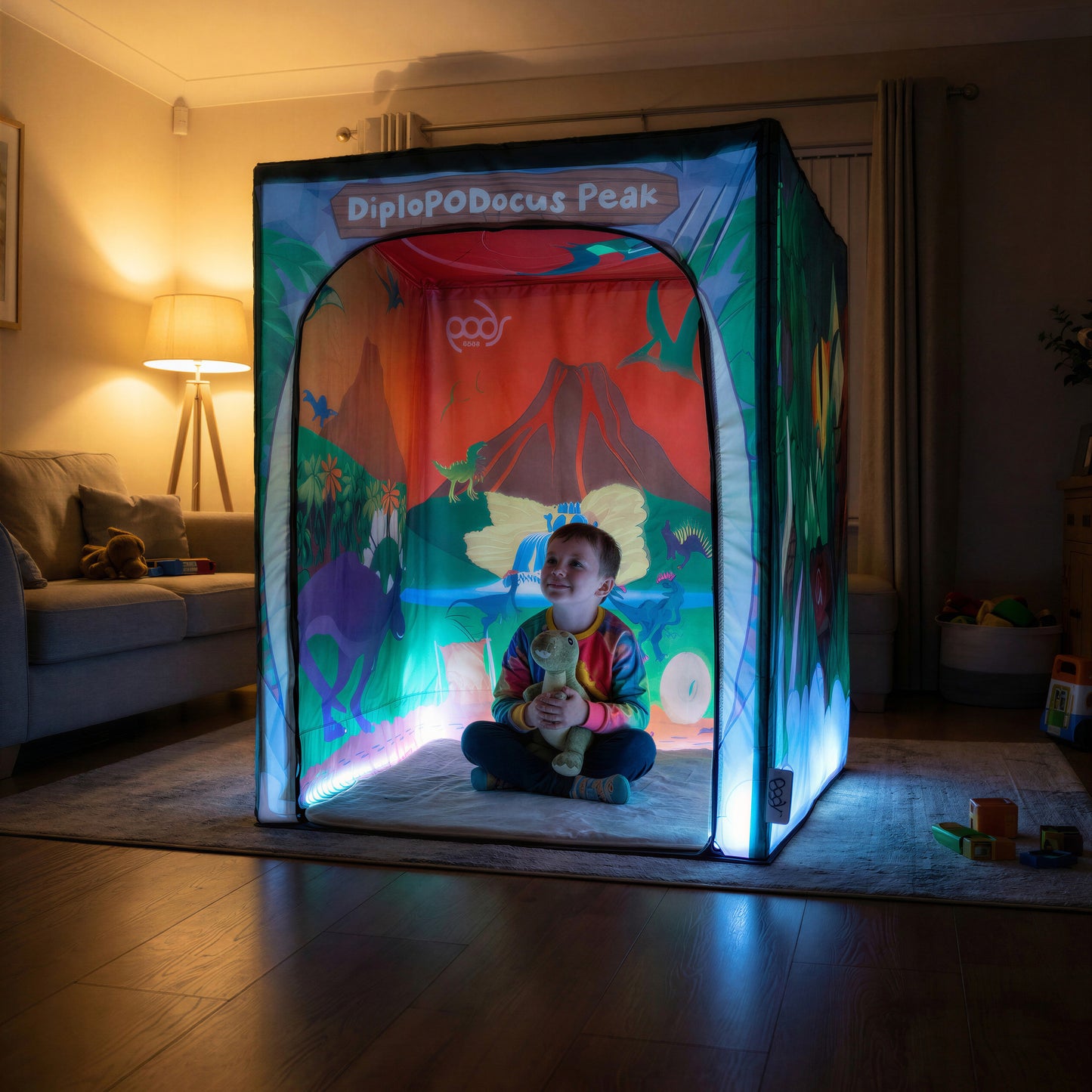 Walking With Dinosaurs PODSgo pop up play tent in a living room, view 4