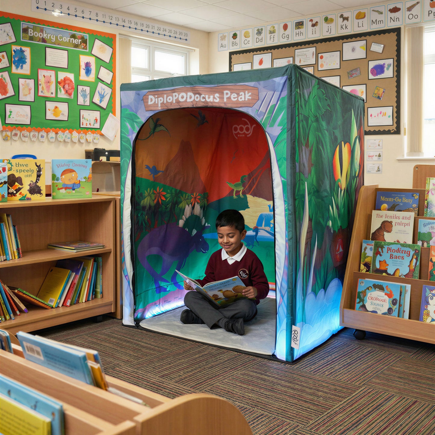 Walking With Dinosaurs PODSgo pop up play tent in a school classroom, view 1