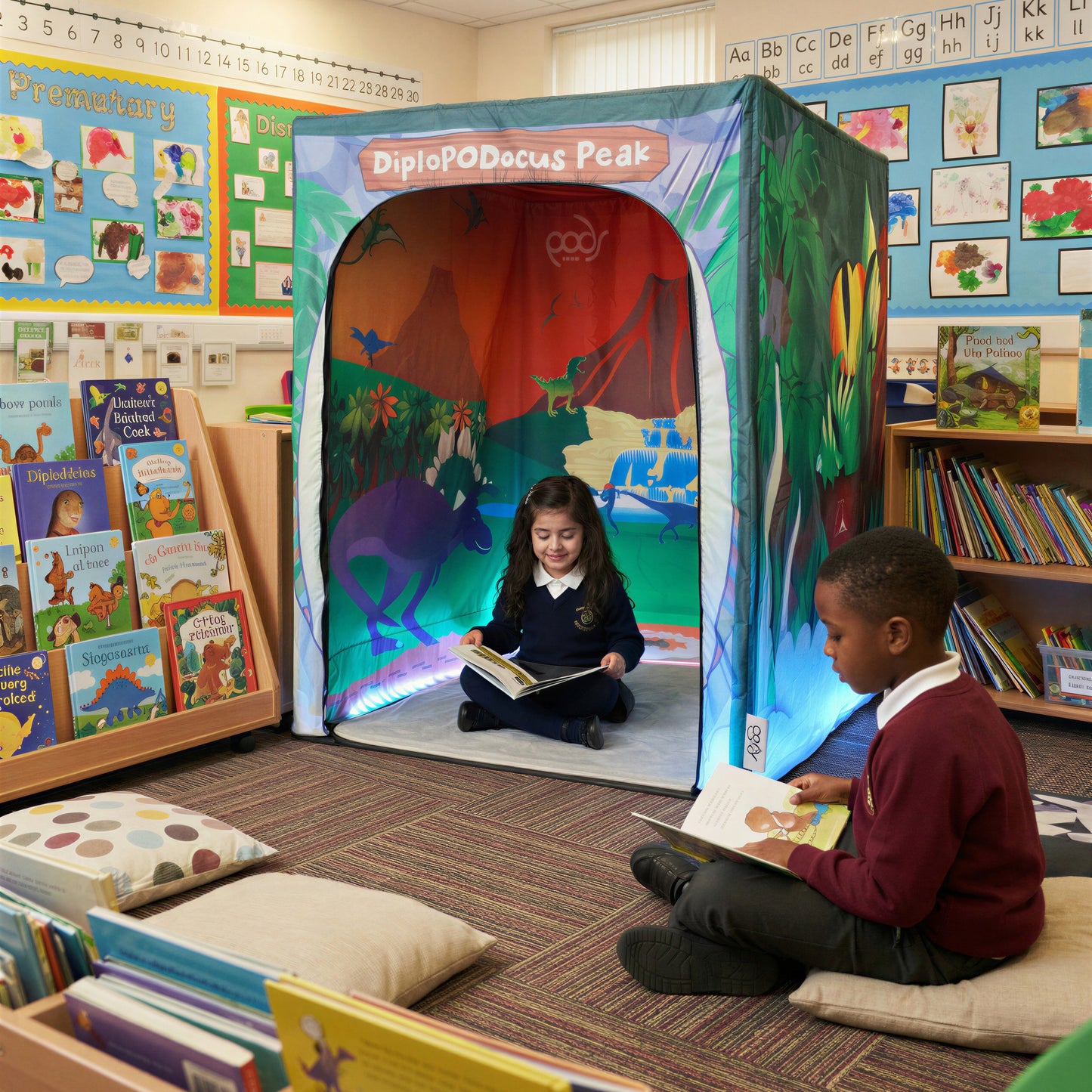 Walking With Dinosaurs PODSgo pop up play tent in a school classroom, view 2