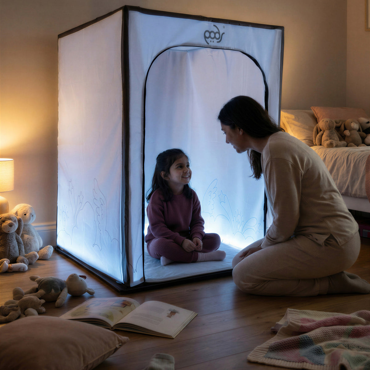 Whiteout PODSgo sensory pop up play tent in a child bedroom, view 1