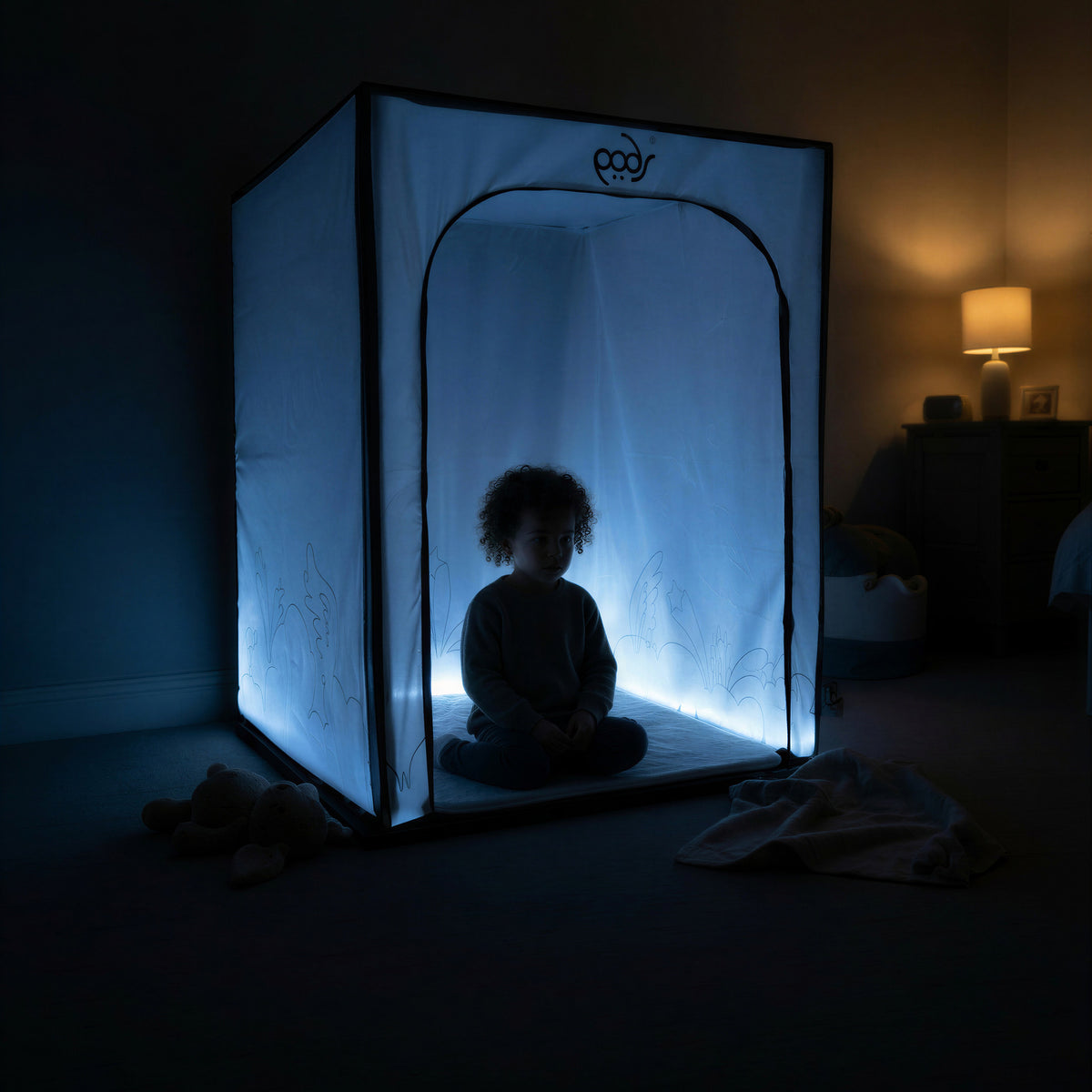 Whiteout PODSgo sensory pop up play tent in a child bedroom, view 2
