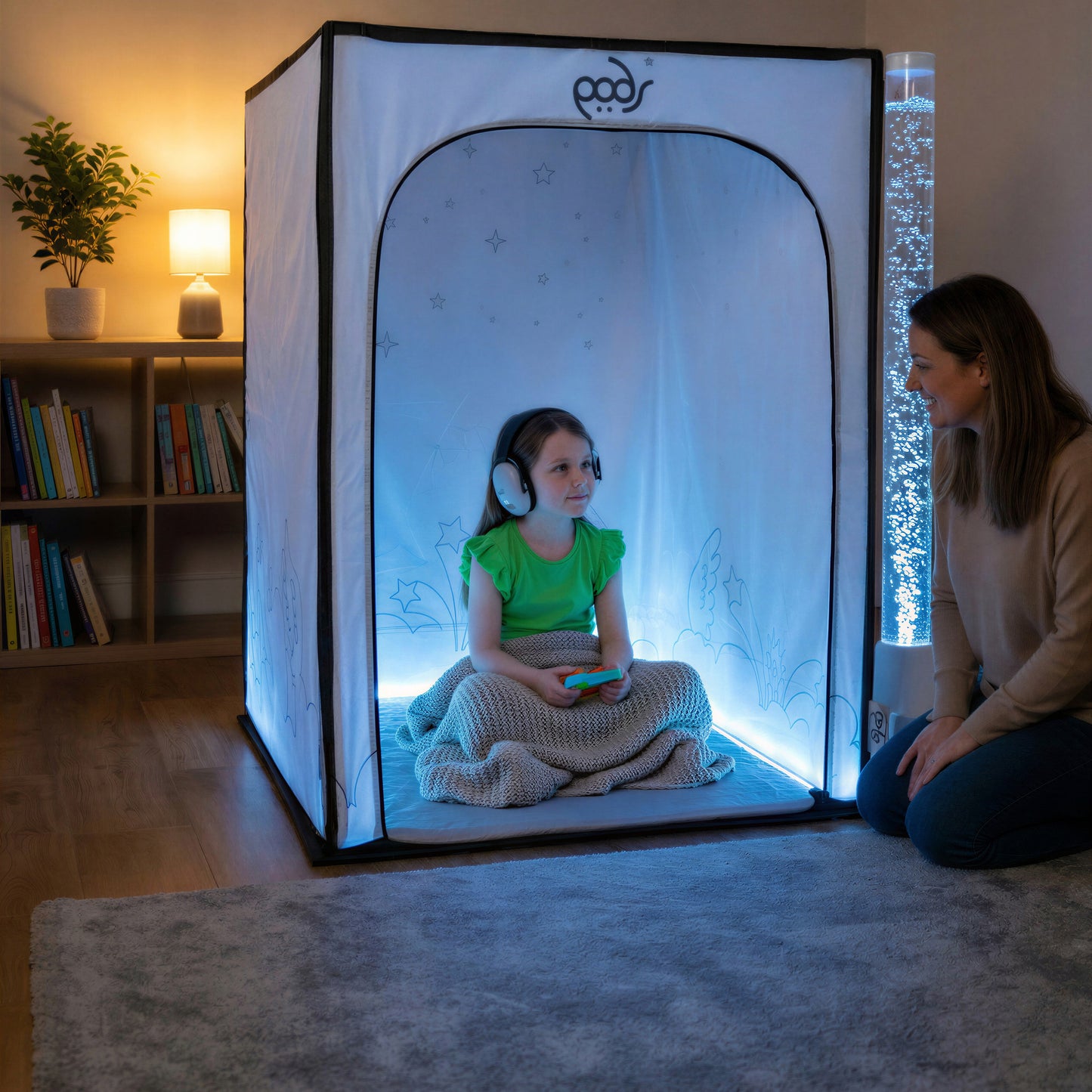 Whiteout PODSgo sensory pop up play tent in a living room, view 1