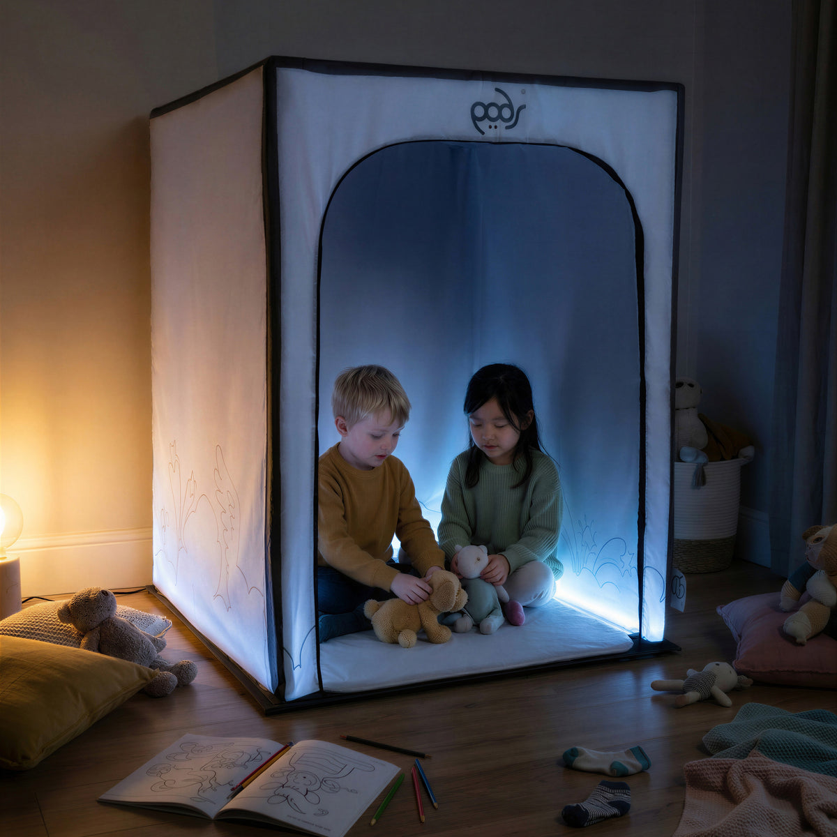 Whiteout PODSgo sensory pop up play tent in a living room, view 2