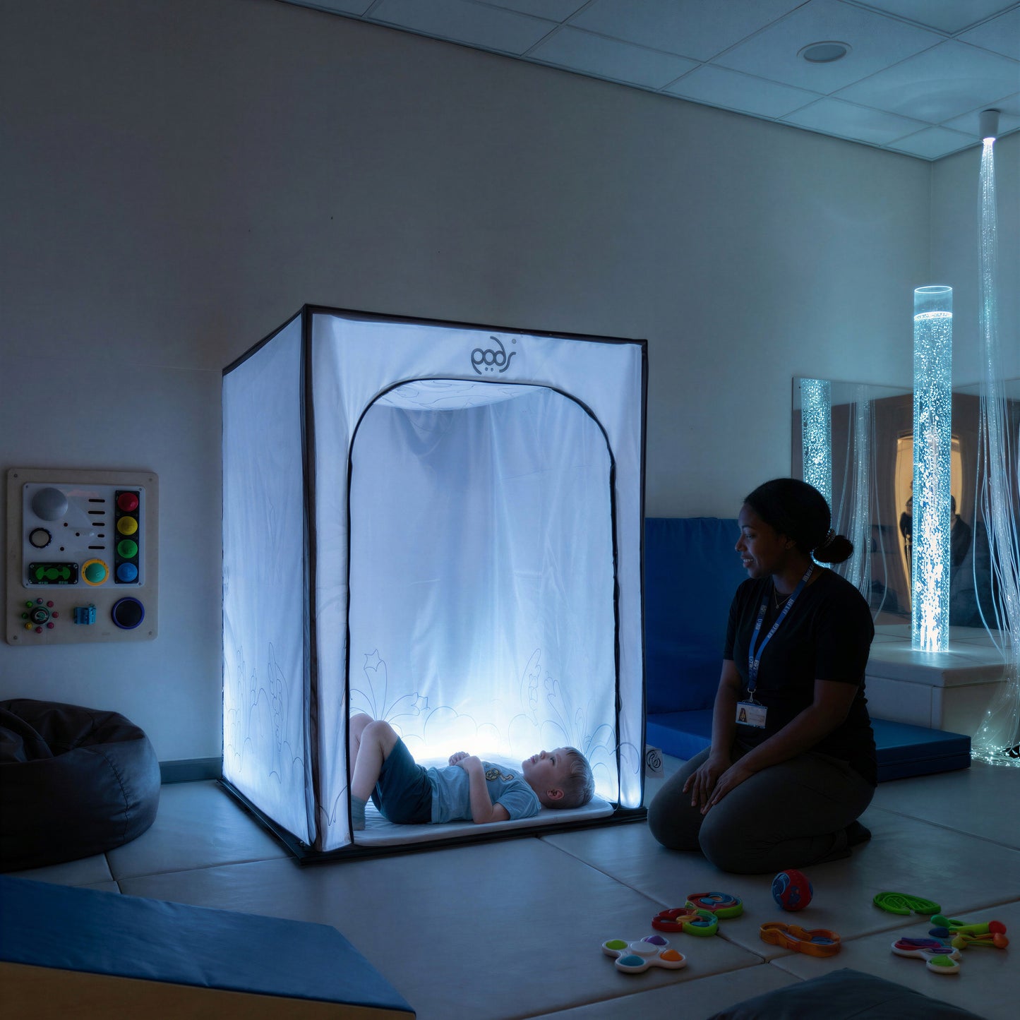 Whiteout PODSgo sensory pop up play tent in a sensory room, view 1