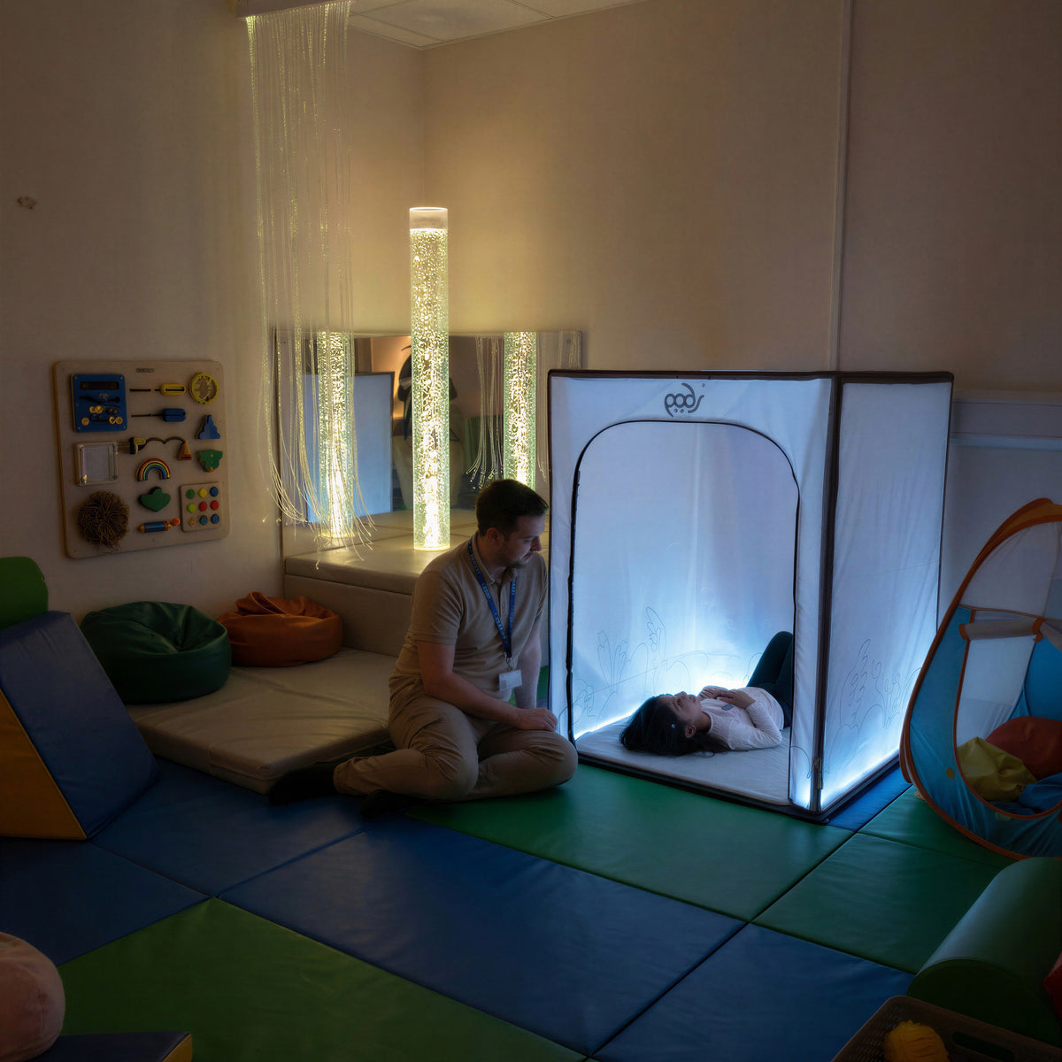 Whiteout PODSgo sensory pop up play tent in a sensory room, view 2