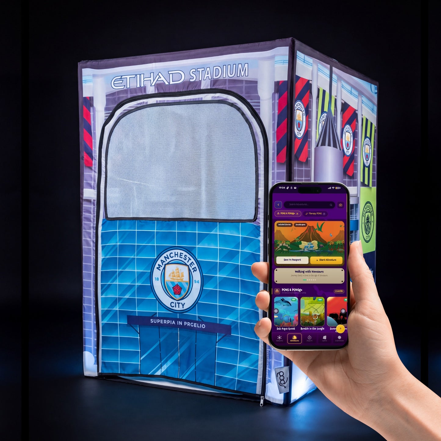 PODSgo Manchester City Adventure Bundle shown with the front door attached – kids' sensory play tent by PODS Play